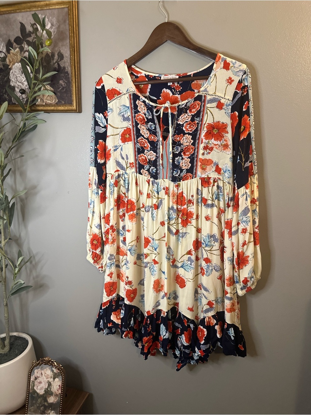 Patrons of Peace Floral Boho Mini Dress Small Rayon Peasant Ruffle Hem - Picture 3 of 9
